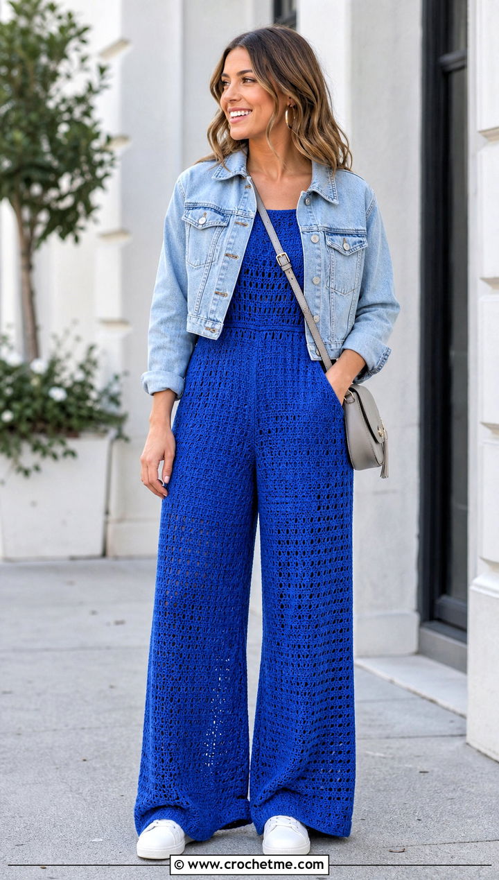Wide Leg Crochet Jumpsuit With Denim Jacket - 30 crochet jumpsuit outfit ideas