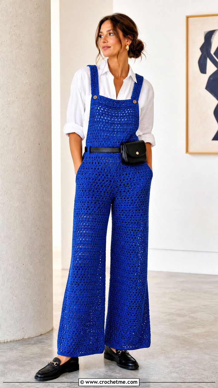 Wide Leg Crochet Overalls With Button Down Shirt - 35 crochet overalls outfit ideas