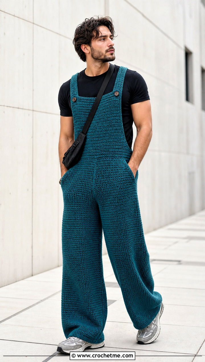 Wide Leg Crochet Overalls With Fitted Black T Shirt - 15 crochet overalls men outfit ideas