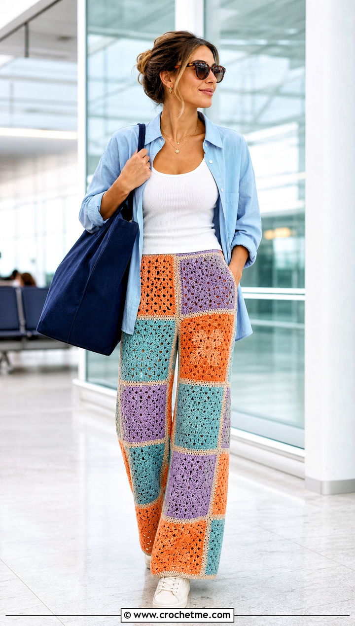 Wide Leg Crochet Patchwork Pants With Button Down Shirt - 15 Crochet Patchwork Pants outfit ideas