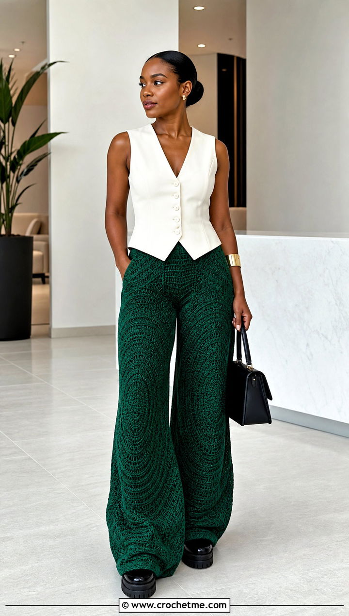 Wide Leg Crochet Stacked Pants With Tailored Waistcoat - 25 Crochet Stacked Pants outfit ideas