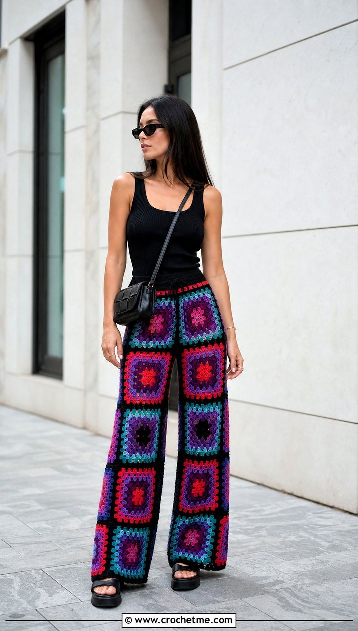 Wide Leg Granny Square Crochet Pants With Black Tank Top - 25 Granny Square Crochet Pants outfit ideas