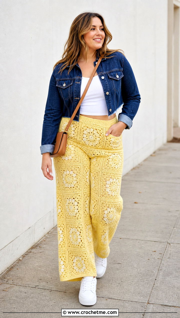 Wide Leg Granny Square Trousers With Denim Jacket - 35 granny square trousers outfit ideas
