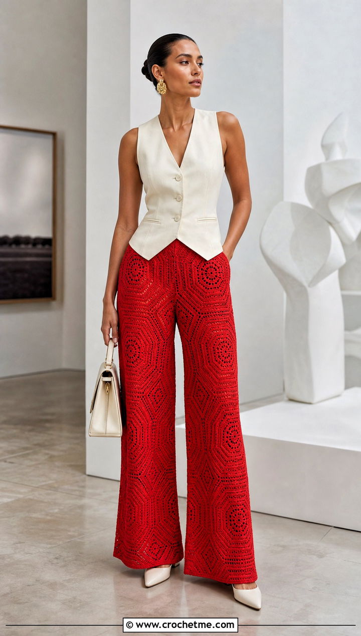 Wide Leg Octagon Pants With Tailored Vest - 15 Crochet Octagon Pants outfit ideas