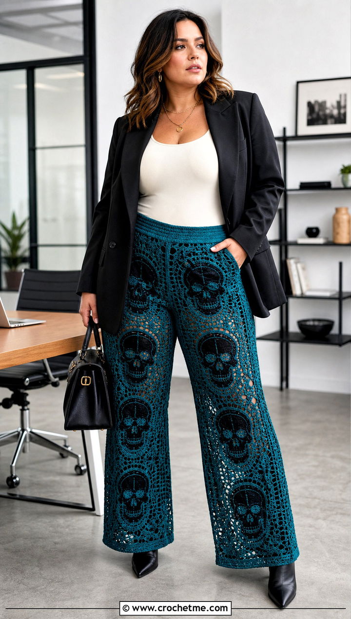Wide Leg Skull Crochet Pants With Blazer - 15 Skull Crochet Pants outfit ideas