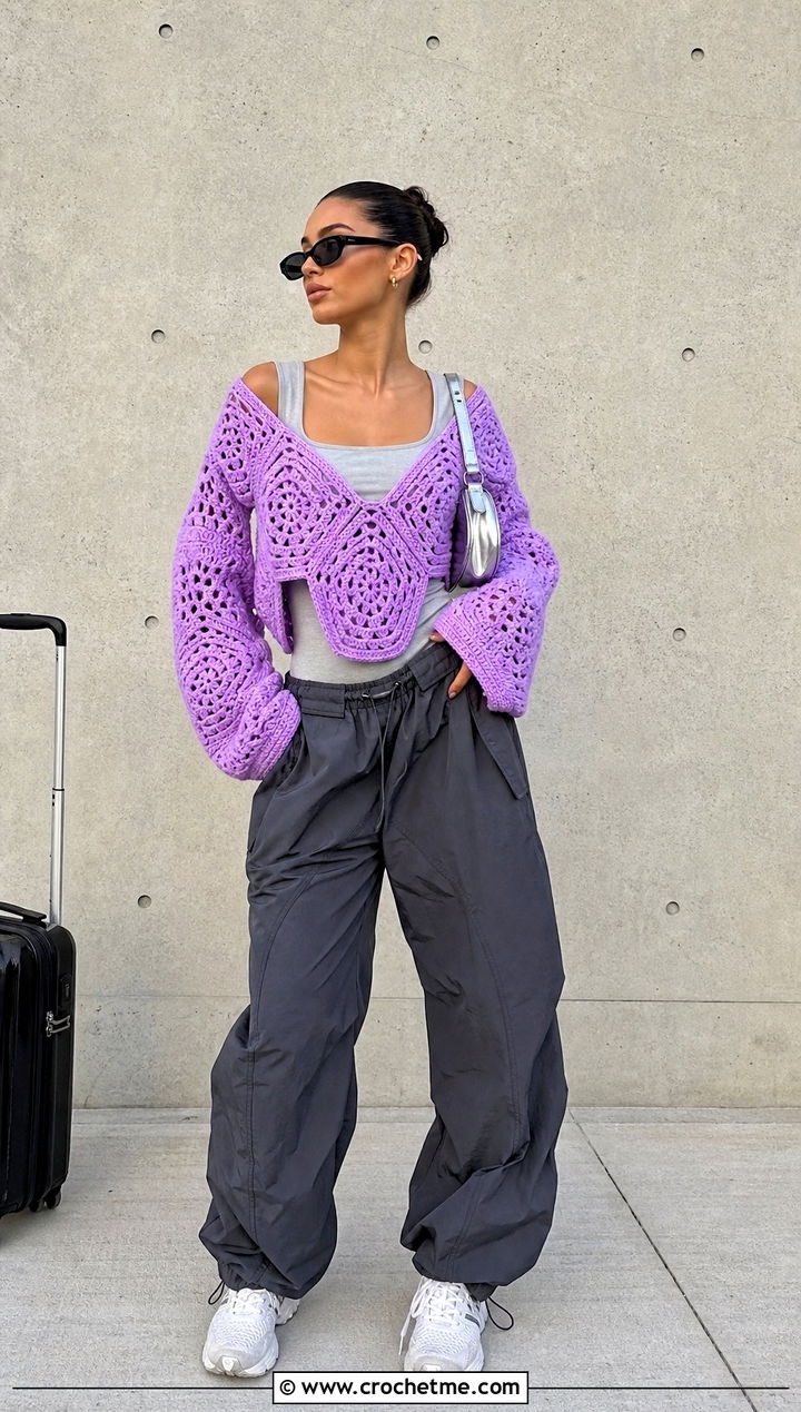 Wide Neck Hexagon Granny Square Pullover With Parachute Pants - 25 Hexagon Granny Square Pullover outfit ideas