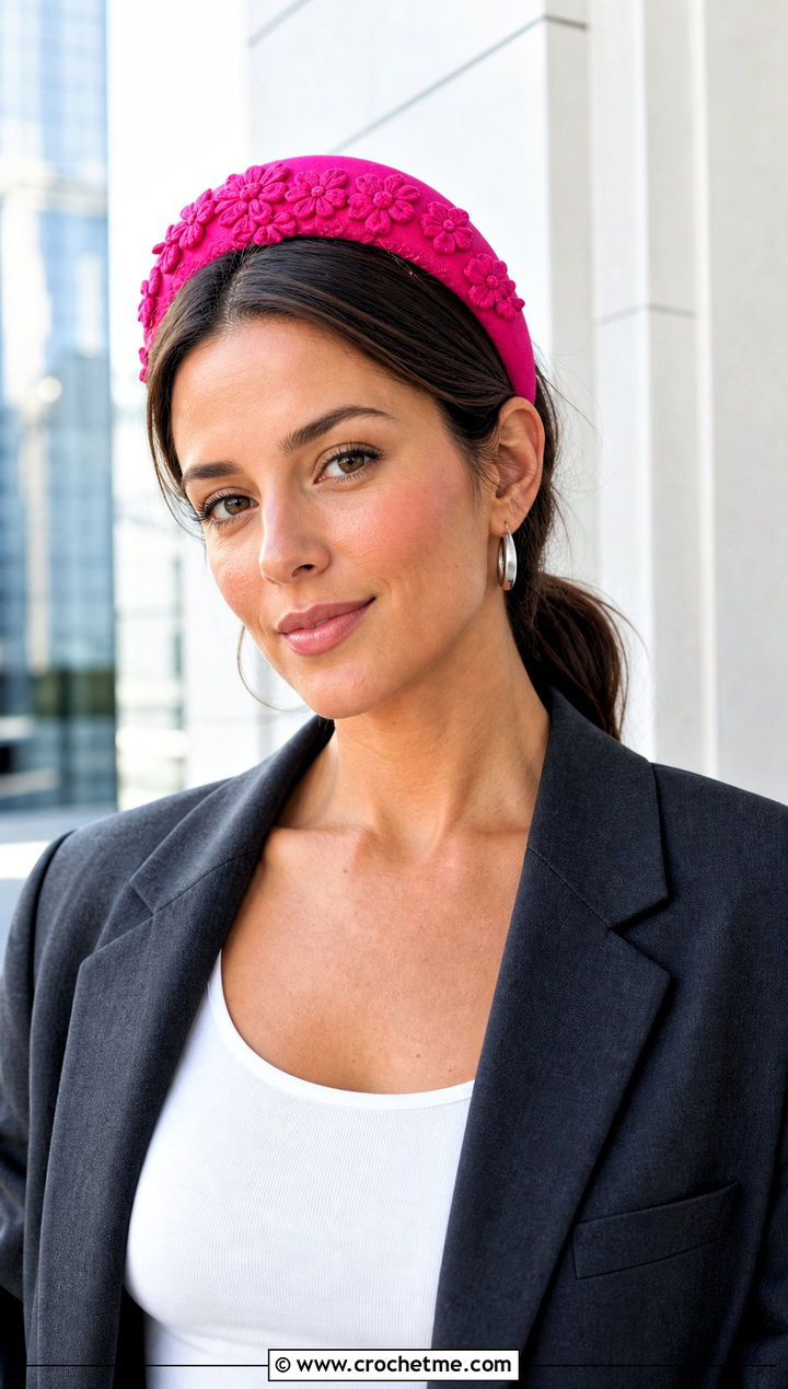 Wide Puff Flower Headband With Oversized Blazer - 25 crochet puff flower headband outfit ideas