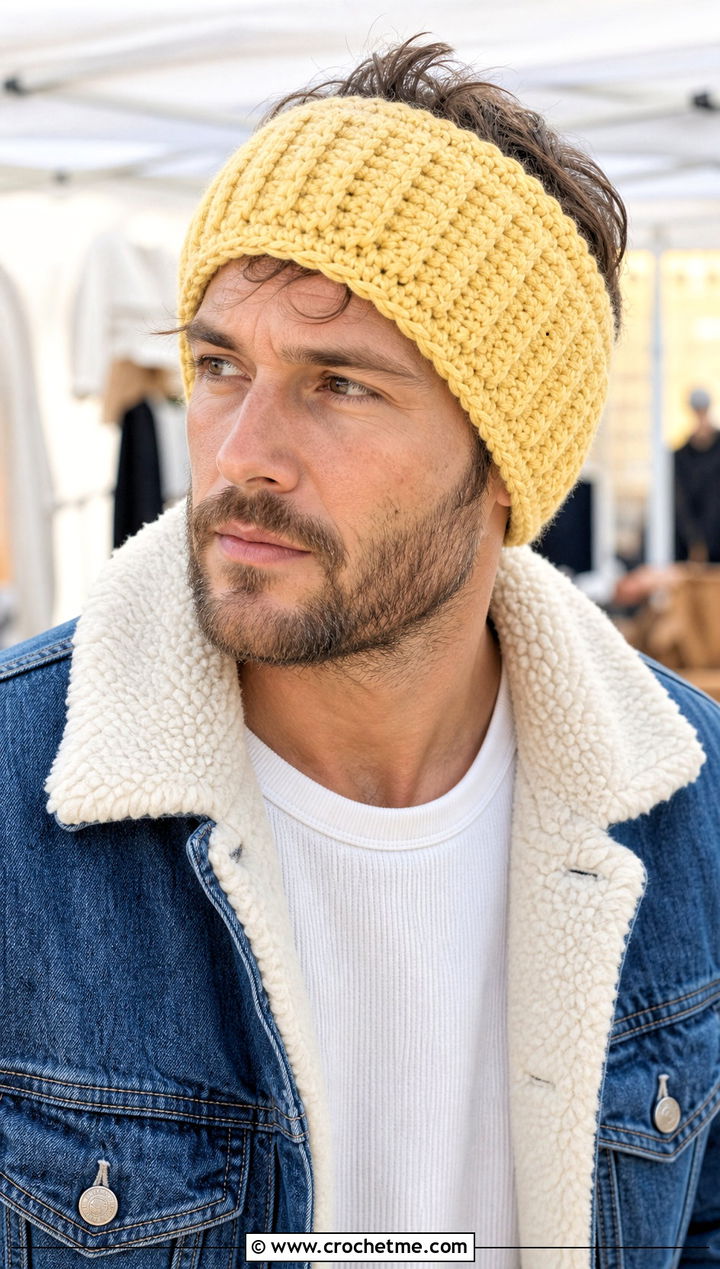 Wide Ribbed Crochet Ear Warmer With Denim Jacket - 15 mens crochet ear warmer outfit ideas
