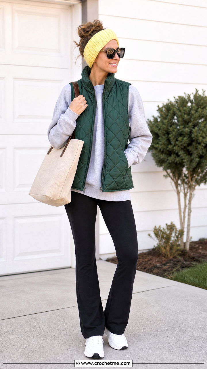 Wide Ribbed Crochet Ear Warmer With Quilted Vest - 35 Easy Crochet Ear Warmer outfit ideas