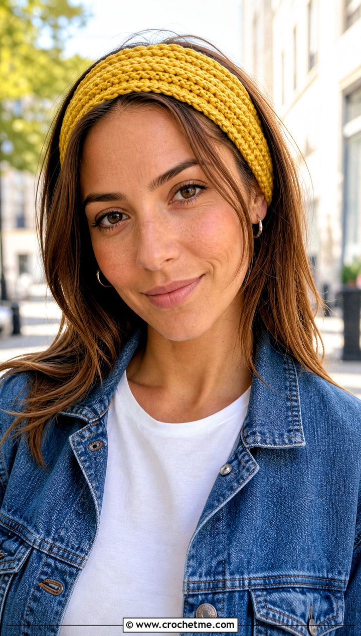 Wide Ribbed Crochet Hair Headband With White Tee And Jeans - 30 crochet hair headband outfit ideas