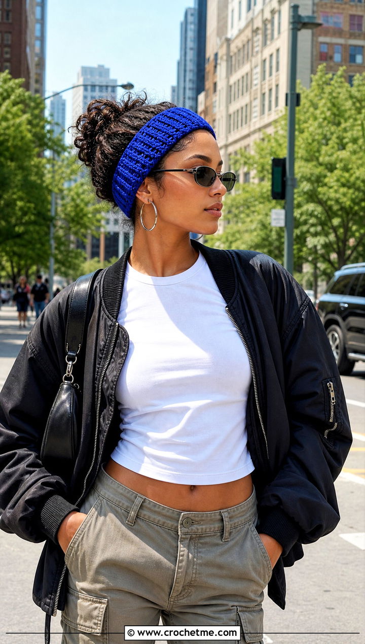 Wide Ribbed Crochet Hair Wrap With Cargo Pants - 30 crochet hair wraps outfit ideas