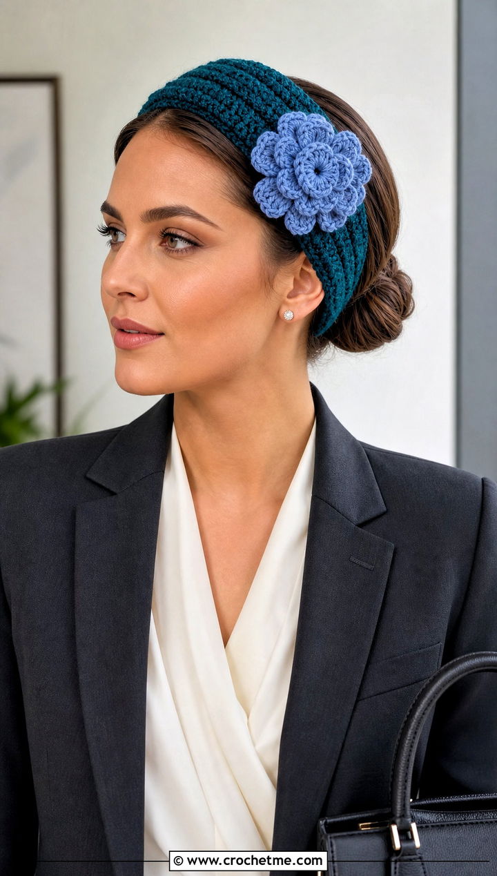 Wide Ribbed Crochet Headband With Blue Flower And Tailored Suit - 15 crochet headband with blue flower outfit ideas