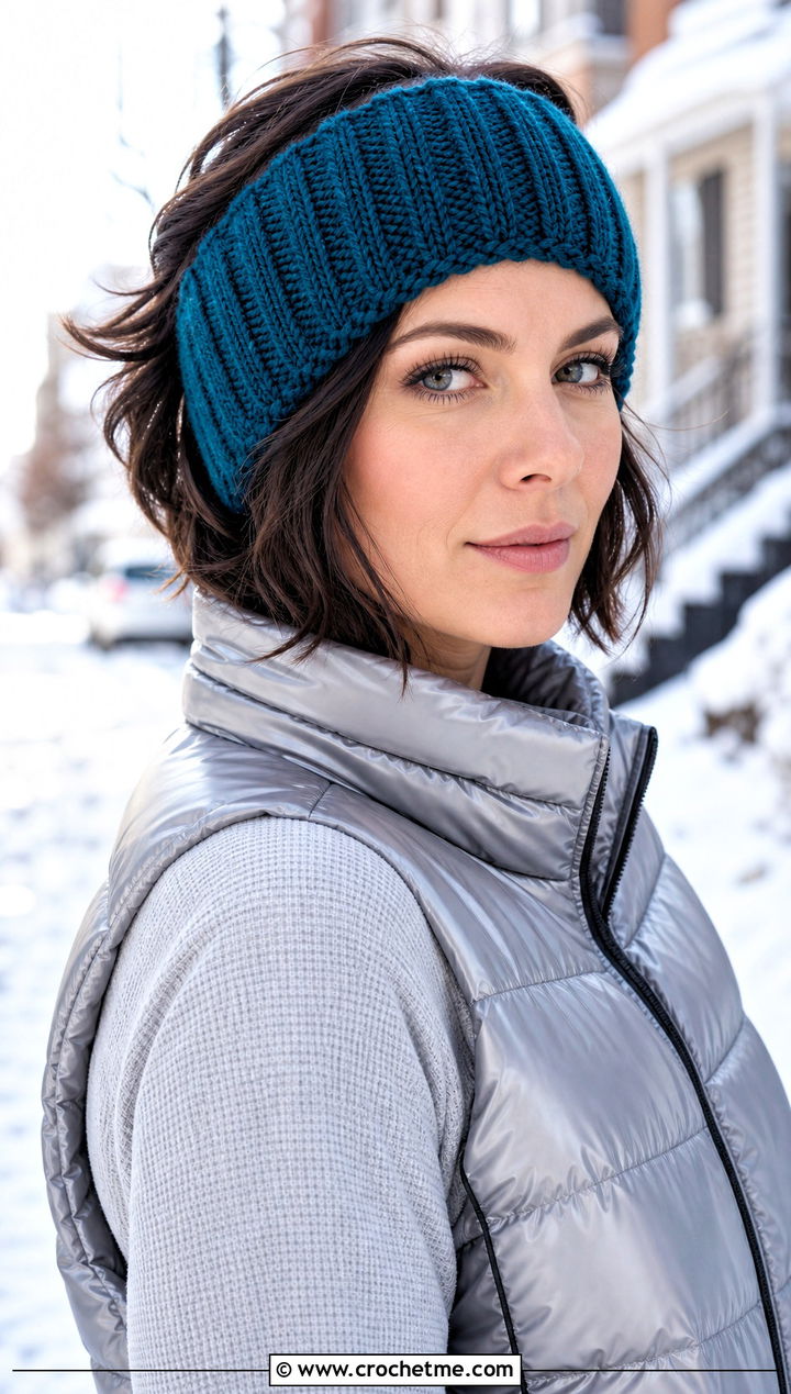 Wide Ribbed Crochet Headband With Puffer Vest - 25 crochet headband for short hair outfit ideas