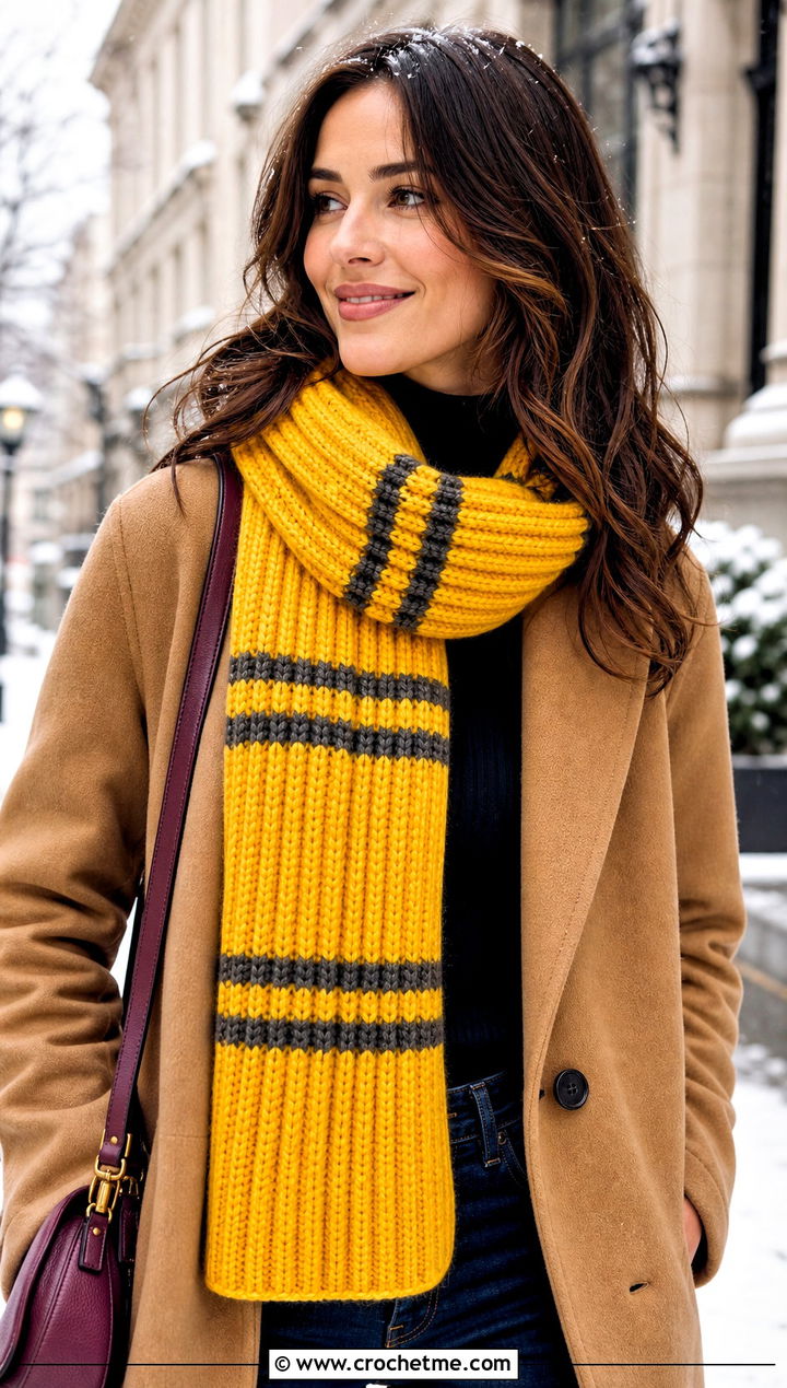 Wide Ribbed Crochet Hufflepuff Scarf With Camel Coat - 30 crochet hufflepuff scarf outfit ideas