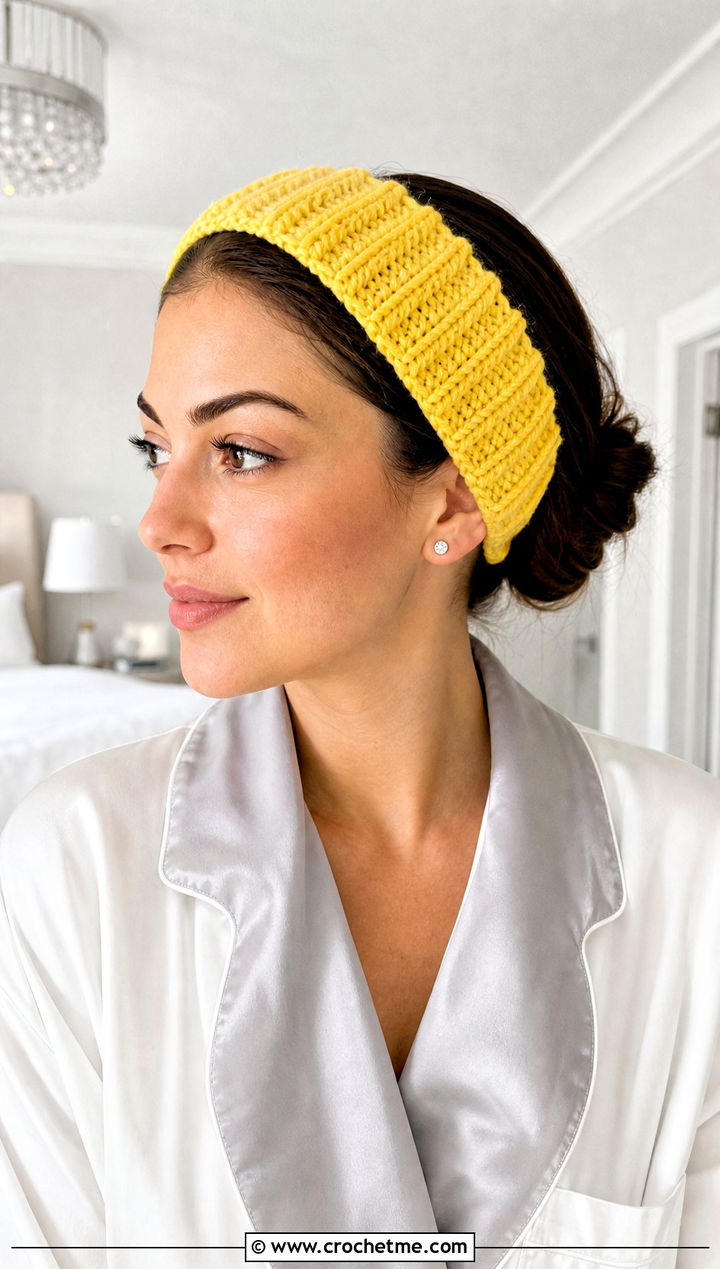Wide Ribbed Crochet Skincare Headband With Satin Pajamas - 15 Crochet Skincare Headband outfit ideas