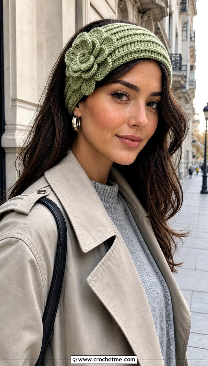 Wide Ribbed Flower Headband With Trench Coat - 15 colorful crocheted headband with flower outfit ideas