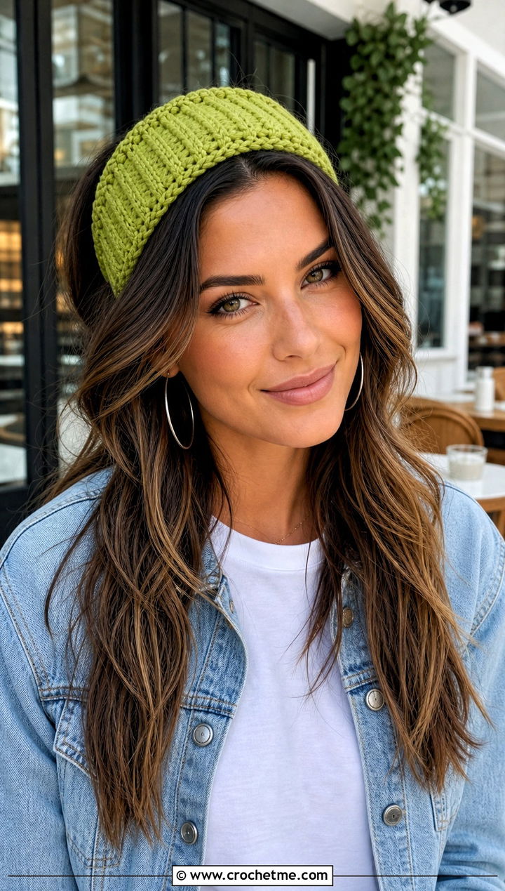 Wide Ribbed Green Crochet Headband With White Tee And Jeans - 30 green crochet headband outfit ideas