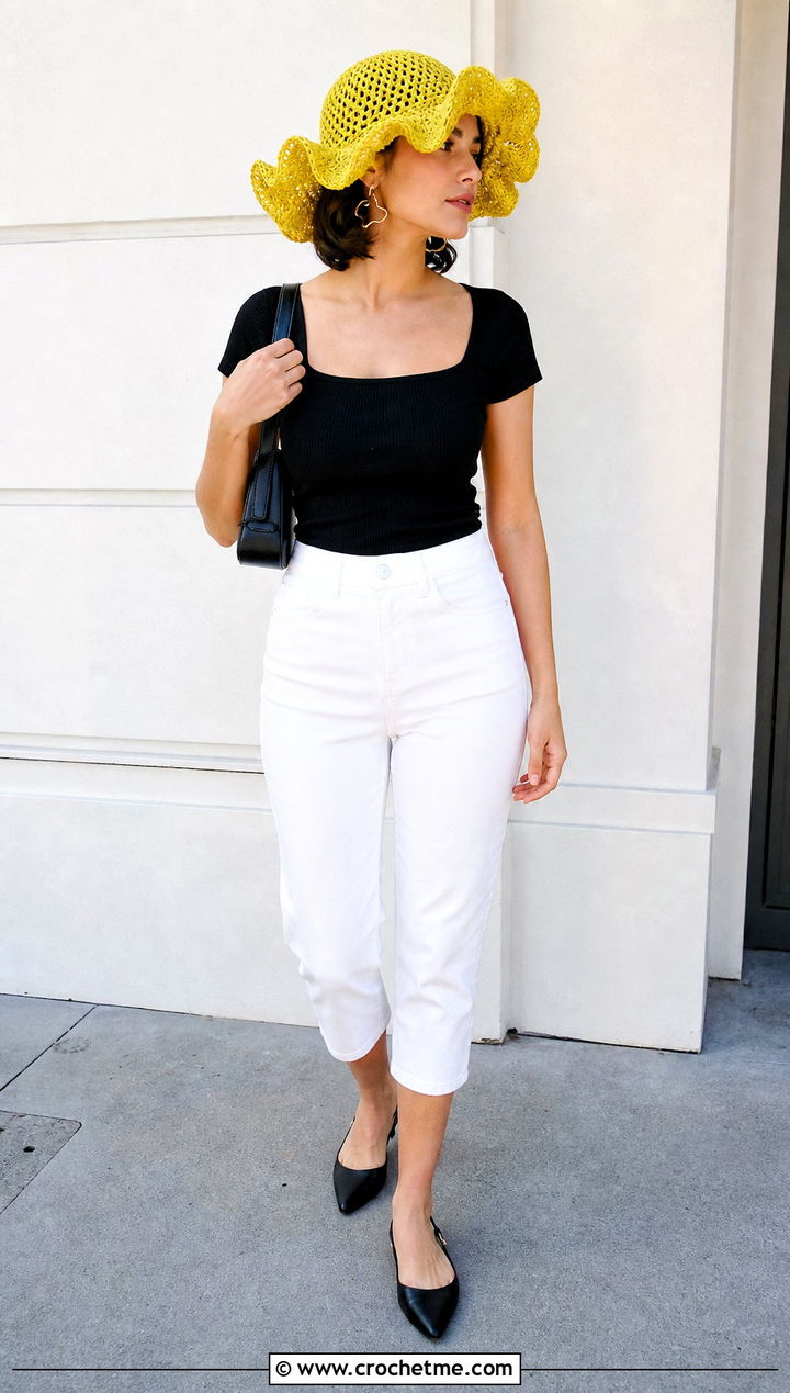 Wide Ruffle Crochet Bucket Hat With Square Neck Top And Capri Pants - 35 crochet ruffle bucket hat outfit ideas