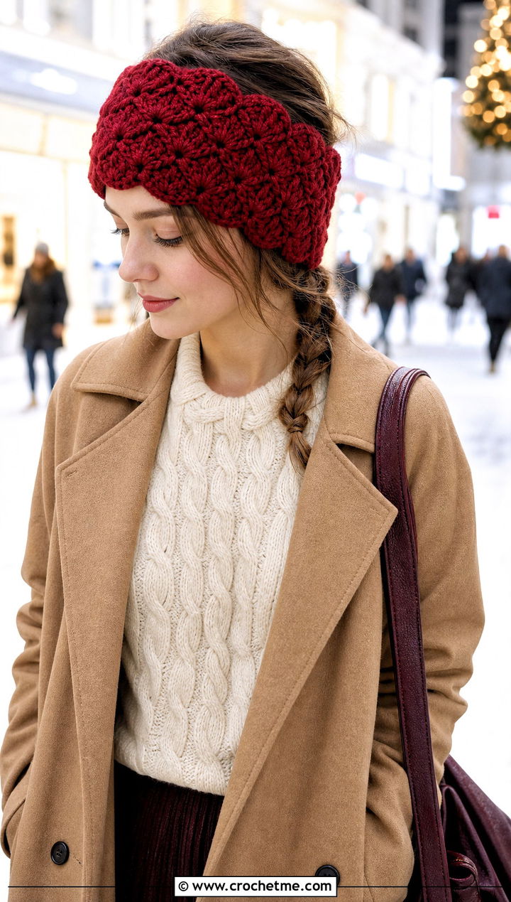 Wide Shell Crochet Mermaid Headband With Wool Coat - 20 Crochet Mermaid Headband outfit ideas