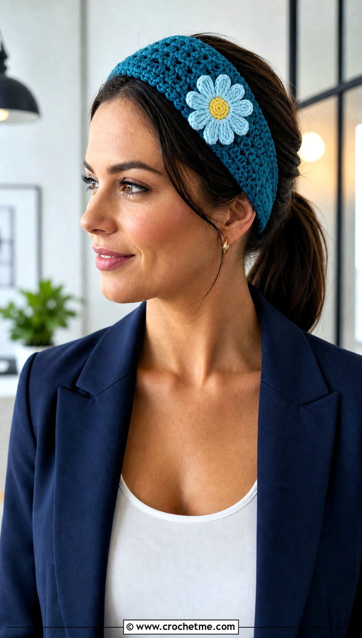 Wide Single Daisy Crochet Headband With Blazer - 15 daisy flower crochet headband outfit ideas