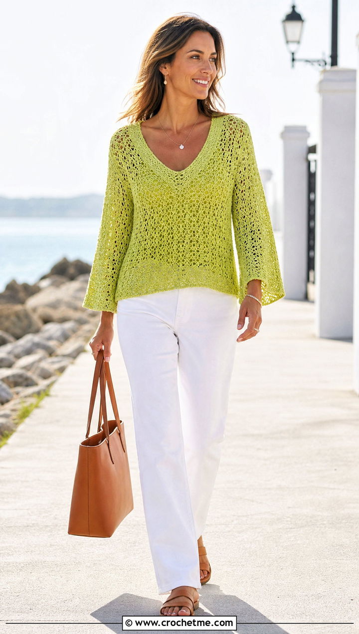 Wide Sleeve V Neck Crochet Top With White Jeans - 35 crochet tops with sleeves outfit ideas