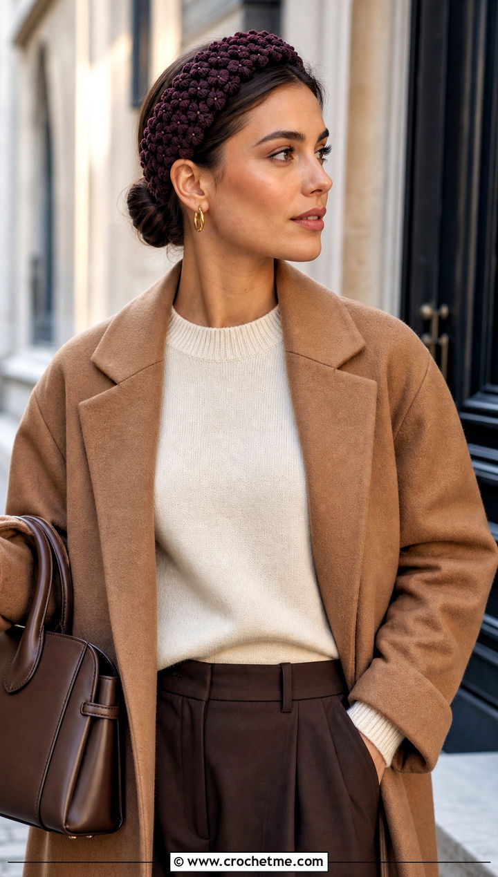 Wide Straight Jasmine Stitch Headband With Camel Coat - 20 Crochet Jasmine Stitch Headband outfit ideas