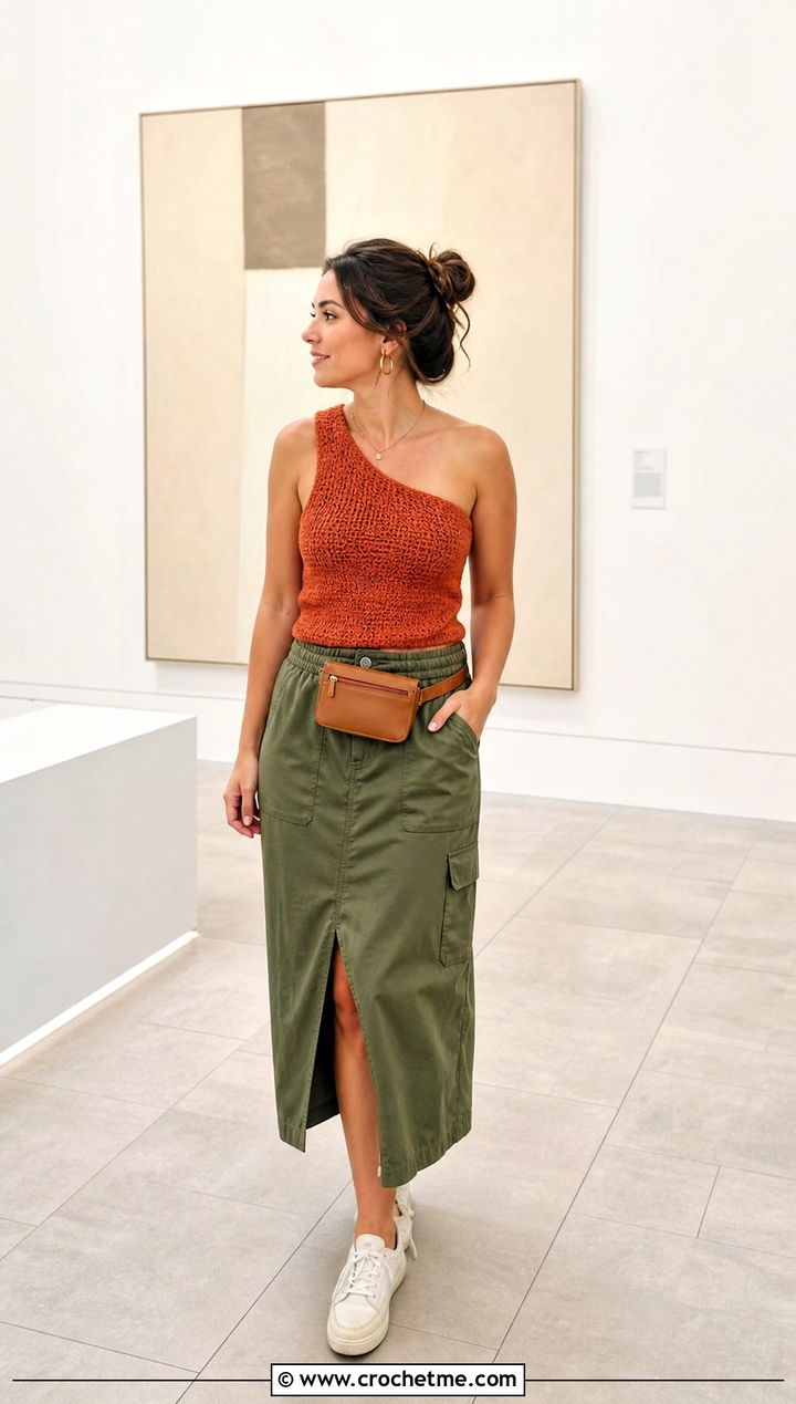 Wide Strap Crochet One Strap Top With Utility Skirt - 20 Crochet One Strap Top outfit ideas