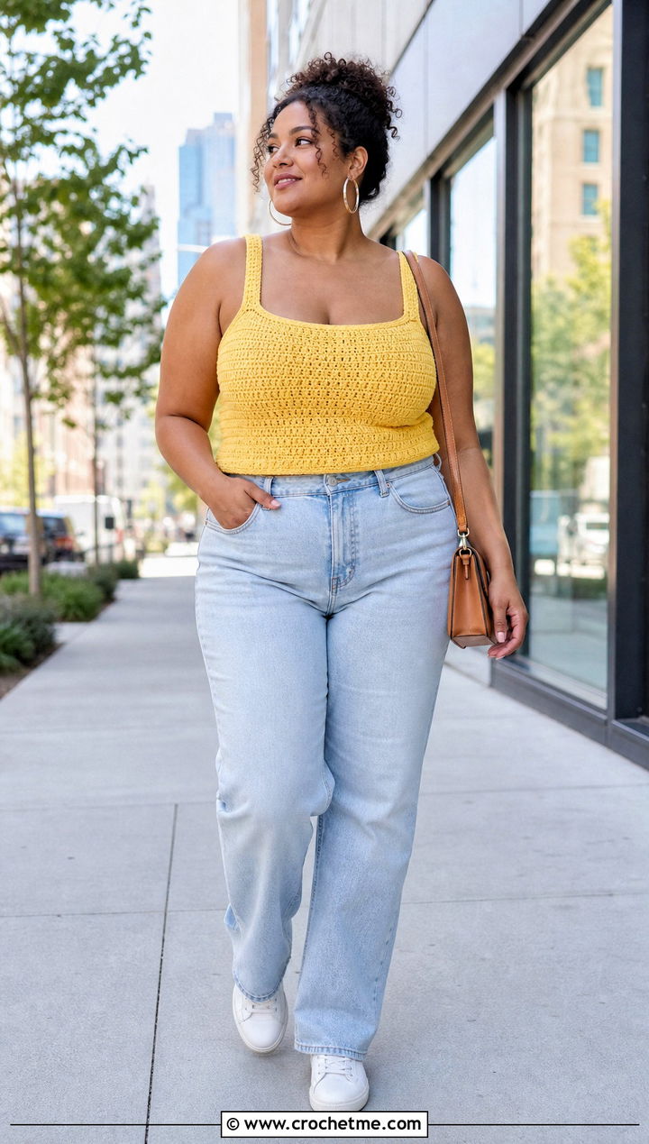 Wide Strap Crochet Tank Top With Straight Leg Jeans - 30 big bust crochet tops outfit ideas
