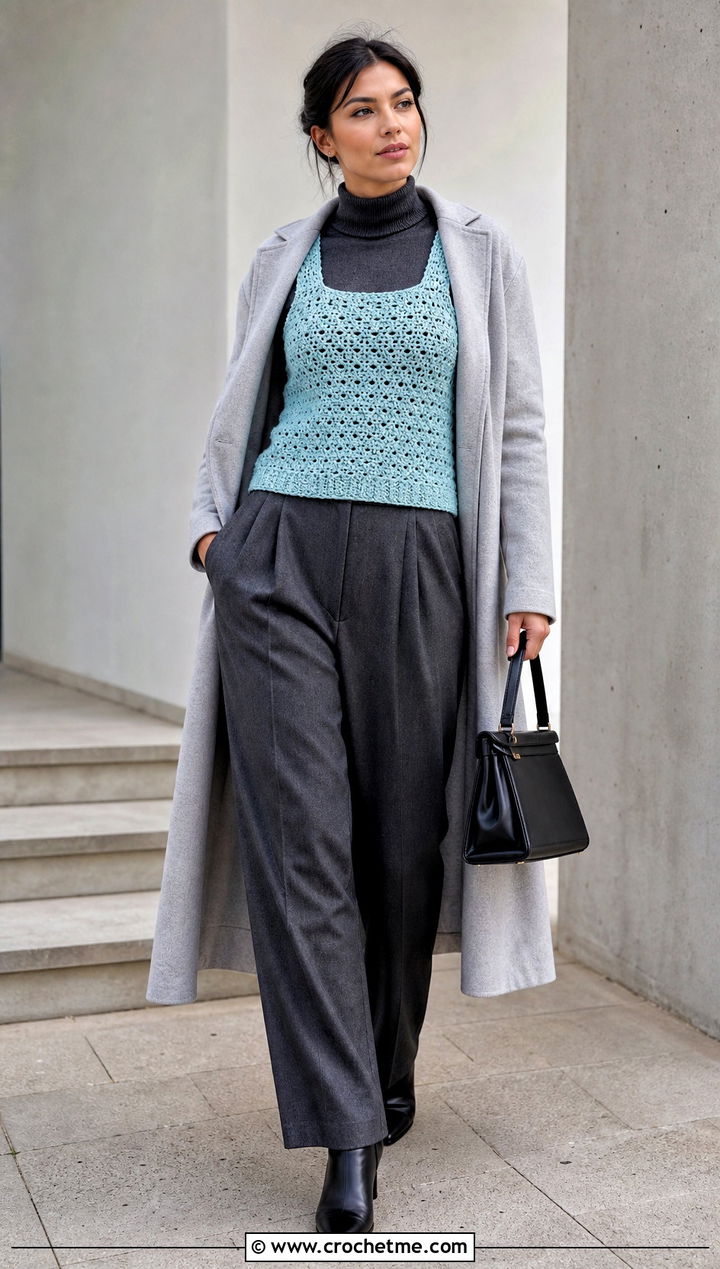Wide Strap Solid Shell Stitch Crochet Tank Top Over Turtleneck - 15 solid shell stitch crochet tank top outfit ideas