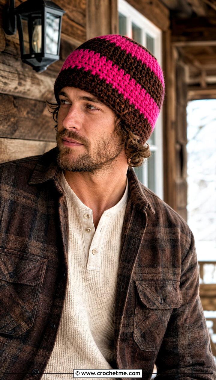Wide Stripe Crochet Beanie With Flannel Shirt - 15 mens striped crochet beanie outfit ideas