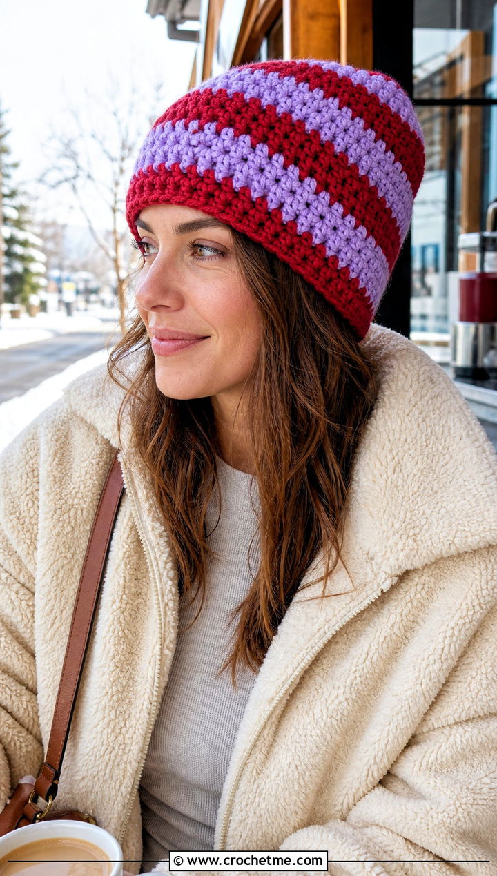 Wide Stripe Crochet Beanie With Sherpa Jacket And Flared Jeans - 30 two color crochet beanie outfit ideas