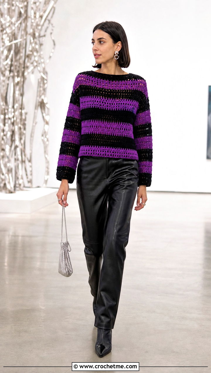 Wide Stripe Crochet Cleo Top With Black Leather Pants - 30 crochet cleo top outfit ideas