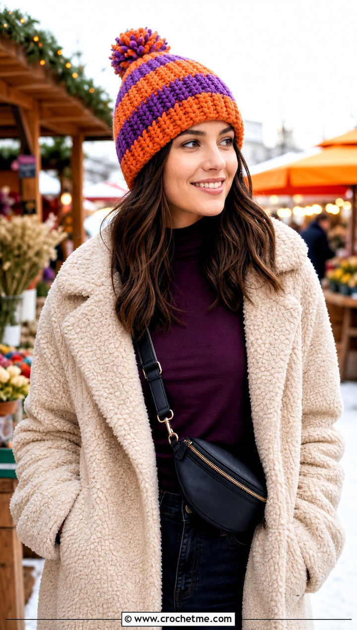 Wide Stripe Pom Pom Crochet Beanie With Teddy Coat - 25 striped crochet beanie outfit ideas