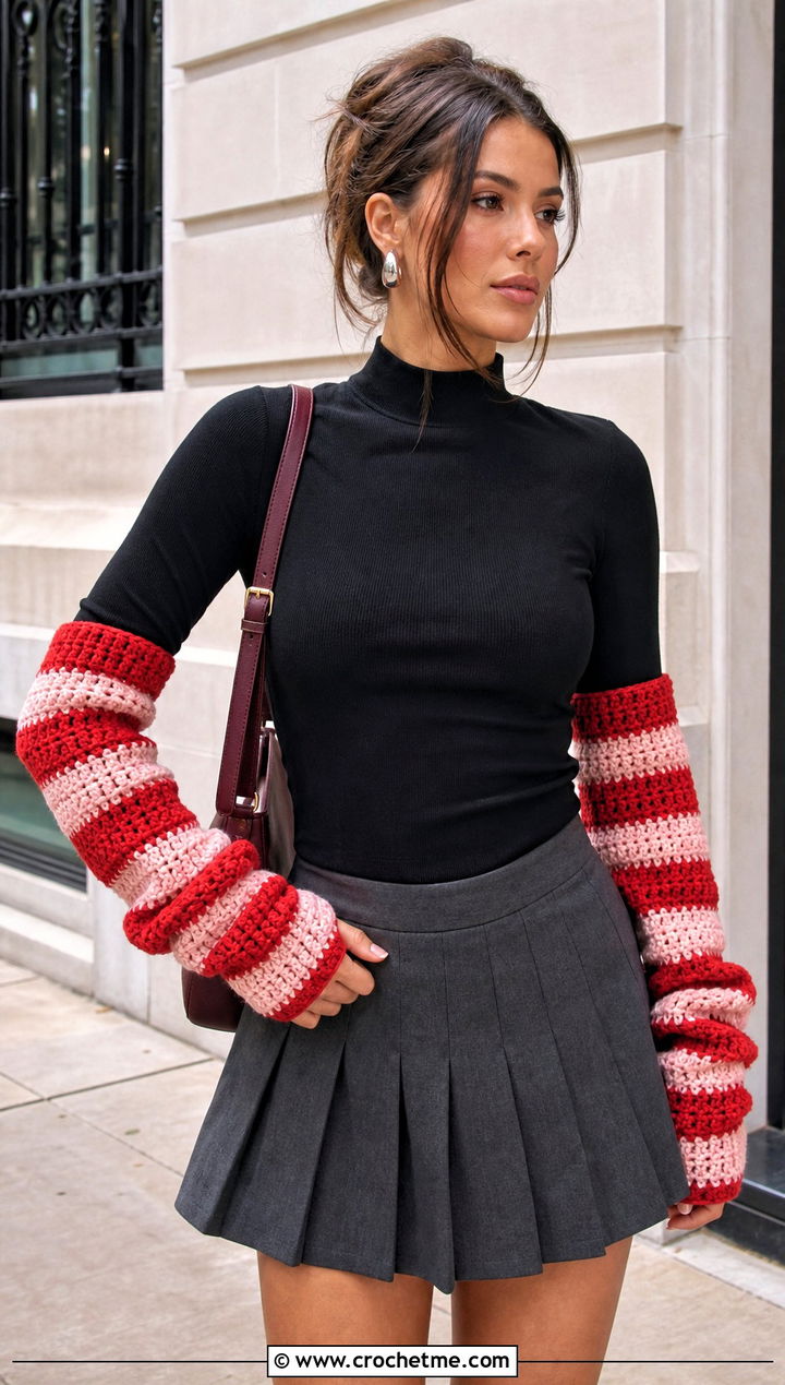 Wide Stripe Slouchy Crochet Arm Warmers With Mini Skirt - 15 Striped Crochet Arm Warmers outfit ideas