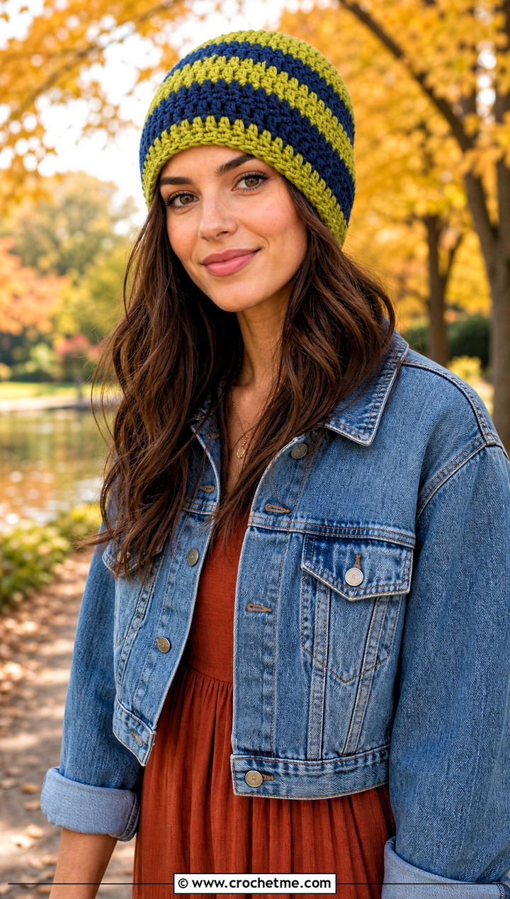 Wide Stripe Two Tone Crochet Beanie With Maxi Dress - 15 two tone crochet beanie outfit ideas