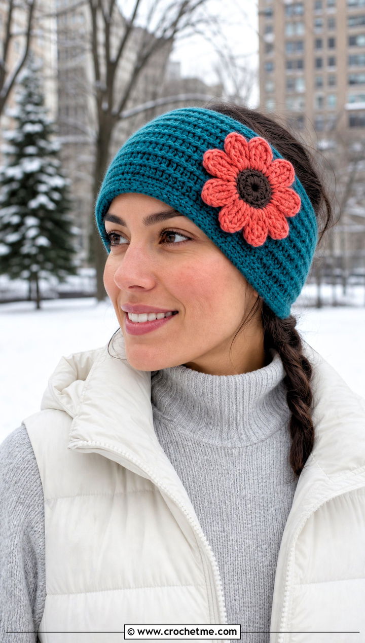 Wide Sunflower Ear Warmer Headband With Puffer Vest - 25 Crochet Sunflower Headband outfit ideas