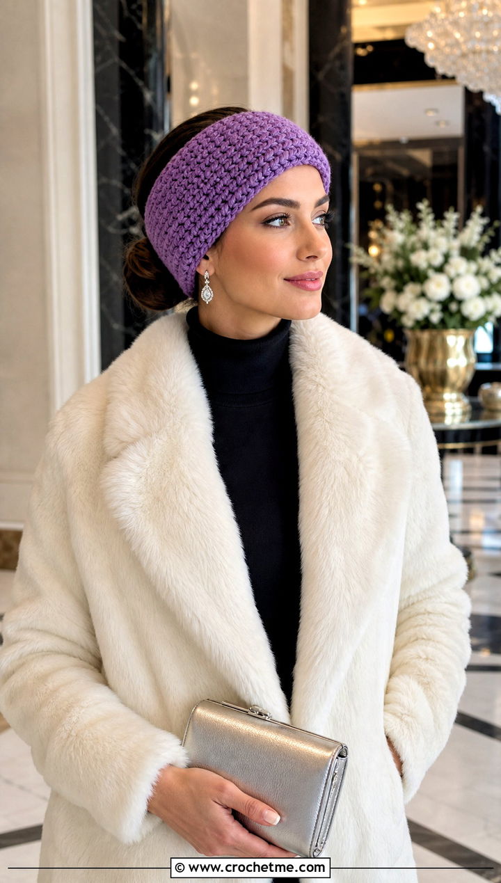 Wide Tunisian Crochet Headband Earwarmer With Faux Fur Coat - 15 Tunisian Crochet Earwarmer outfit ideas