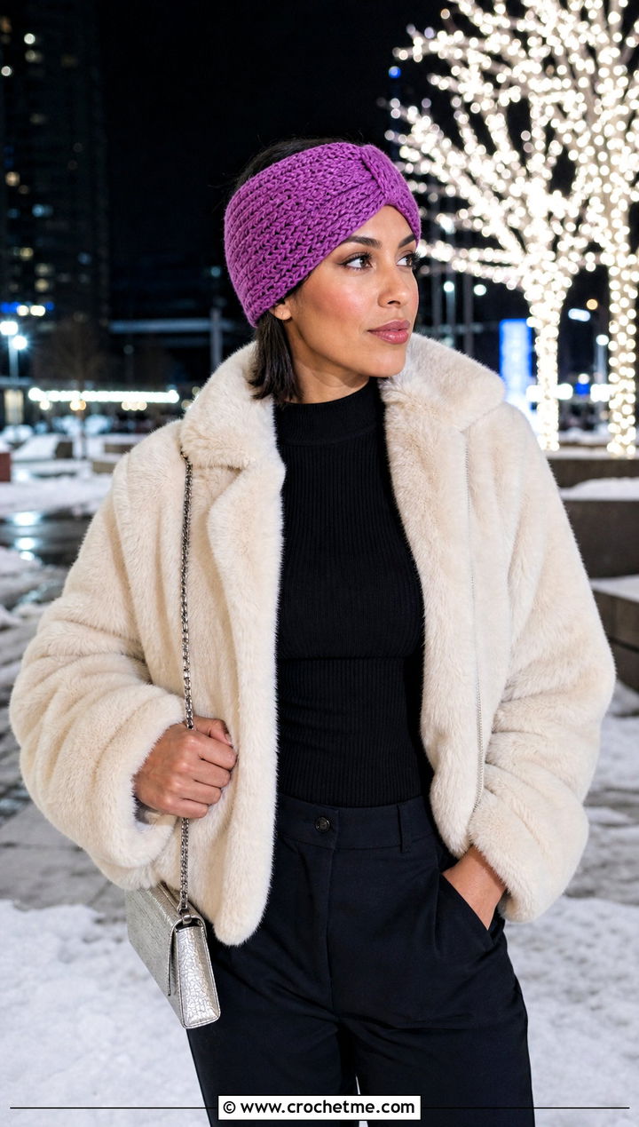 Wide Tunisian Crochet Headwrap Ear Warmer With Faux Fur Coat - 30 Tunisian Crochet Ear Warmer outfit ideas