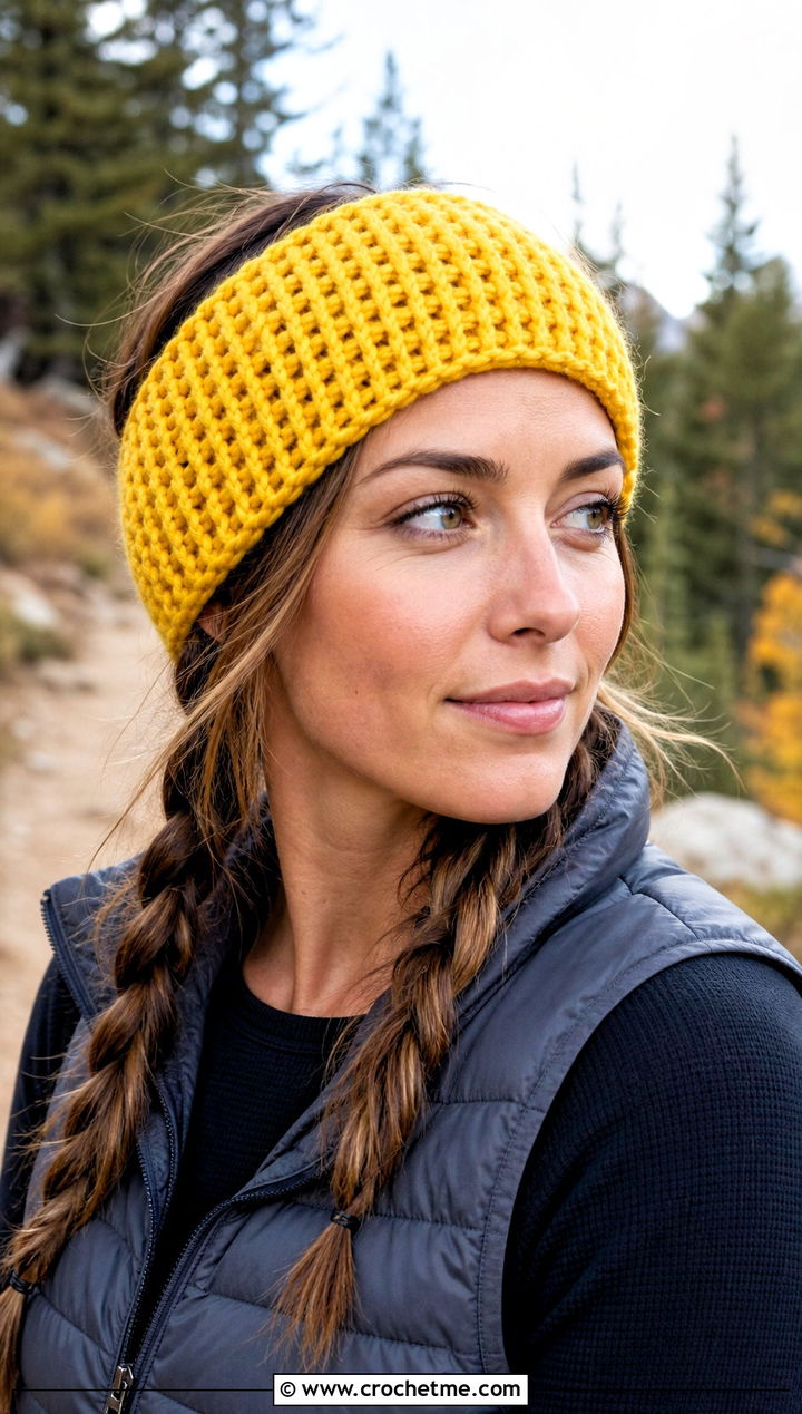 Wide Tunisian Simple Stitch Headband With Puffer Vest - 30 tunisian crochet headband outfit ideas