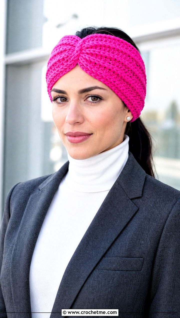 Wide Turban Crochet Ear Warmer With Blazer And Trousers - 30 crochet ear warmer headband outfit ideas