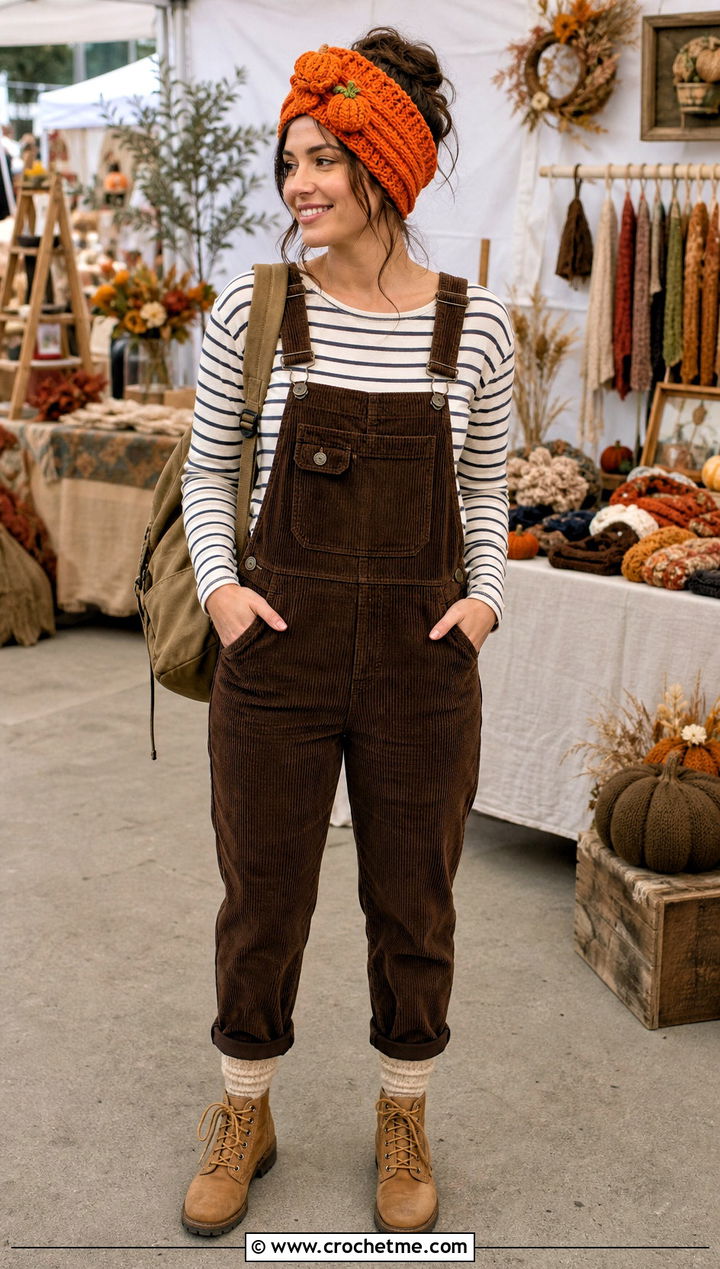 Wide Turban Pumpkin Headband With Corduroy Overalls - 35 crochet pumpkin headband outfit ideas