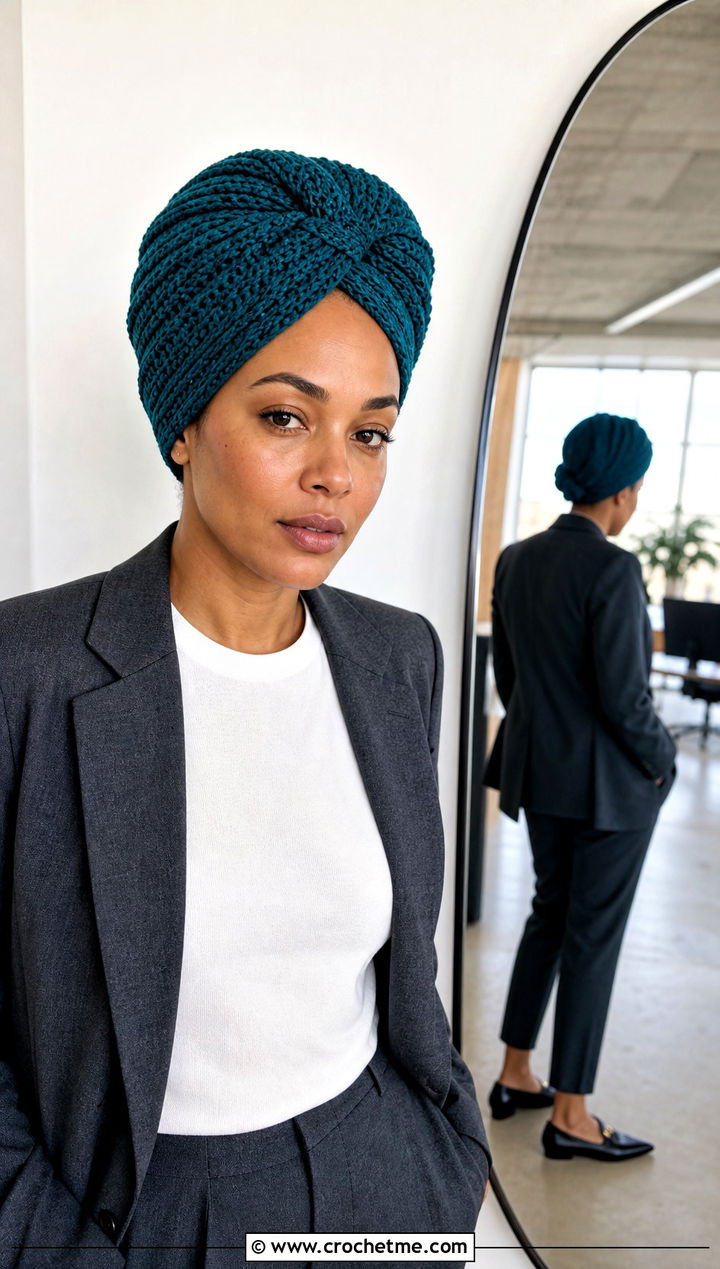 Wide Twist Head Wrap With Blazer And Trousers - 30 crochet head wrap outfit ideas
