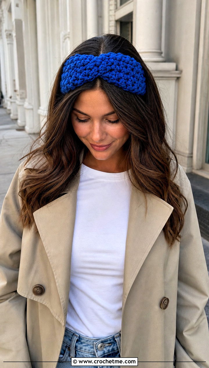 Wide Twisted Jasmine Stitch Headband With Trench Coat - 20 Crochet Jasmine Stitch Headband outfit ideas