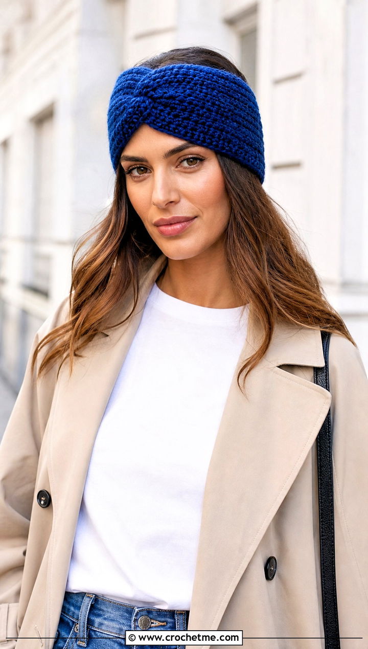 Wide Velvet Twist Crochet Headband With Trench Coat And Jeans - 20 Velvet Twist Crochet Headband outfit ideas