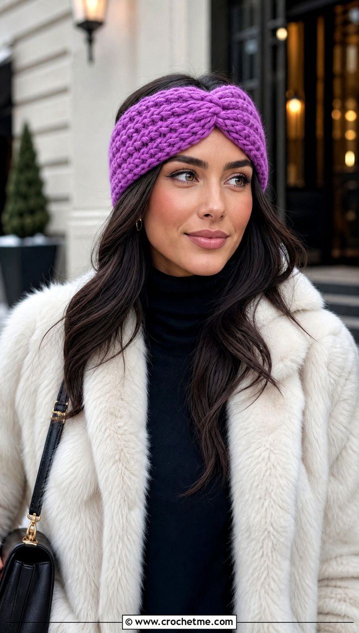 Wide Wrap Crochet Headband With Faux Fur Coat - 15 wool ease thick and quick crochet headband outfit ideas