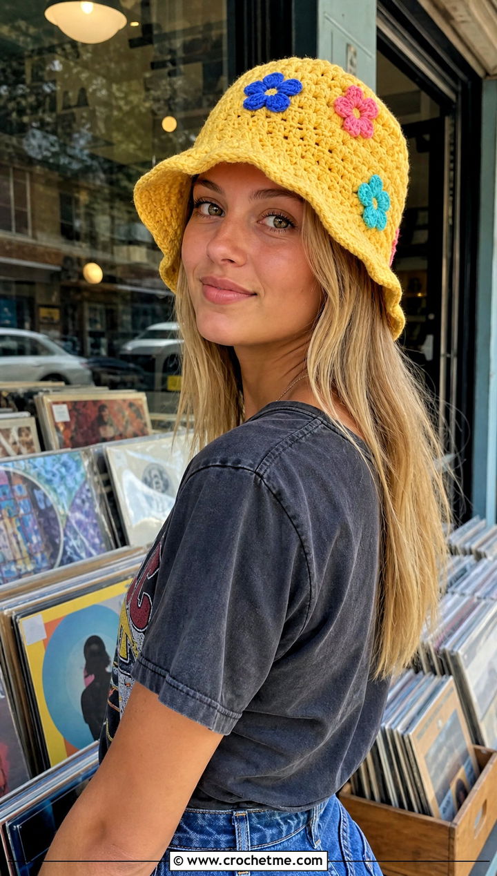 Wildflower Crochet Bucket Hat With Graphic T Shirt - 30 crochet flower hat outfit ideas