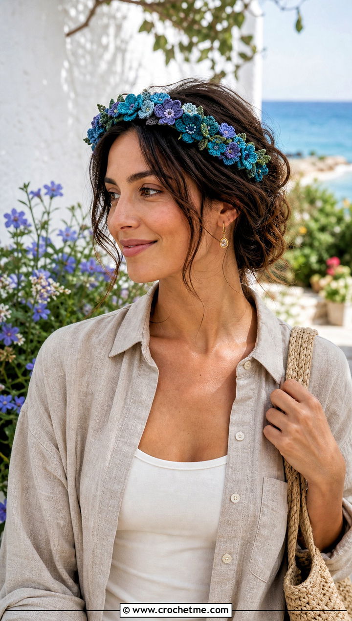 Wildflower Crochet Flower Crown Headband With Linen Set - 25 crochet flower crown headband outfit ideas