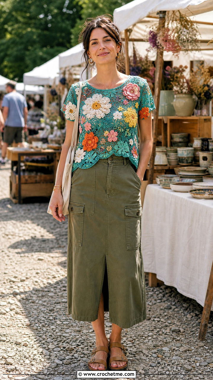 Wildflower Crochet Flower Top With Utility Skirt - 35 crochet flower top outfit ideas