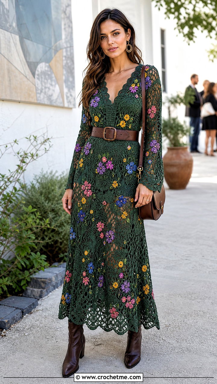 Wildflower Crochet Maxi Dress With Ankle Boots - 15 Colorful Floral Crochet Clothing and outfit ideas