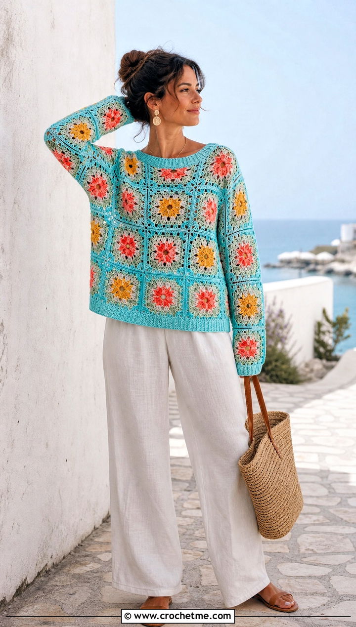 Wildflower Granny Square Sweater With Linen Pants - 30 flower granny square sweater outfit ideas